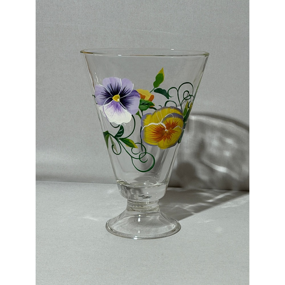 Teleflora Hand Painted Pansies Glass Vase Footed Clear Purple Yellow Floral Gift